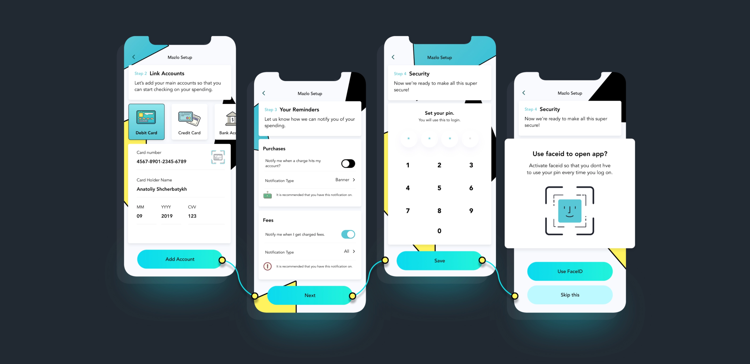 Mazlo onboarding screens for account setup, PIN creation, and login.