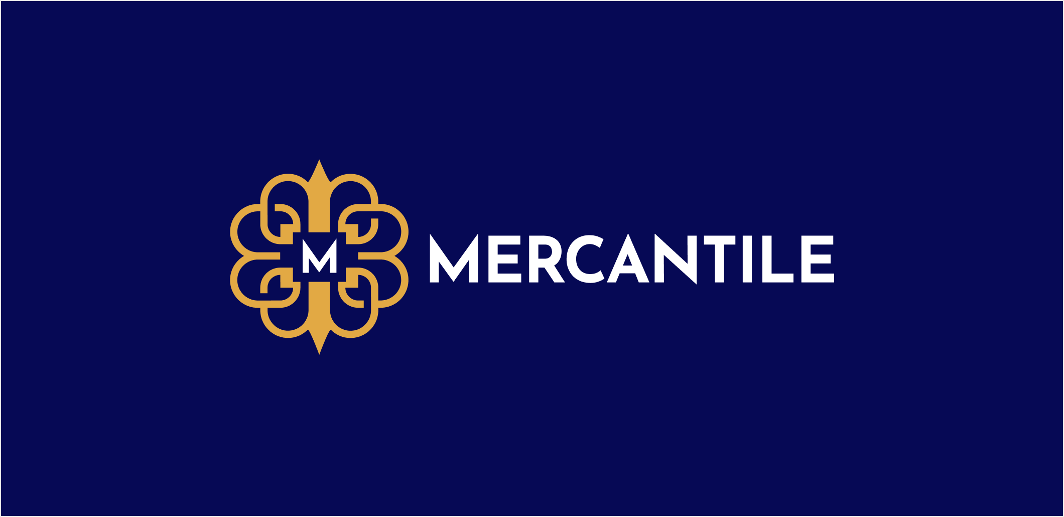 Mercantile wordmark and gold monogram on a deep blue background.