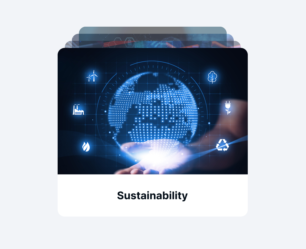Mercantile sustainability content card with a glowing digital globe.