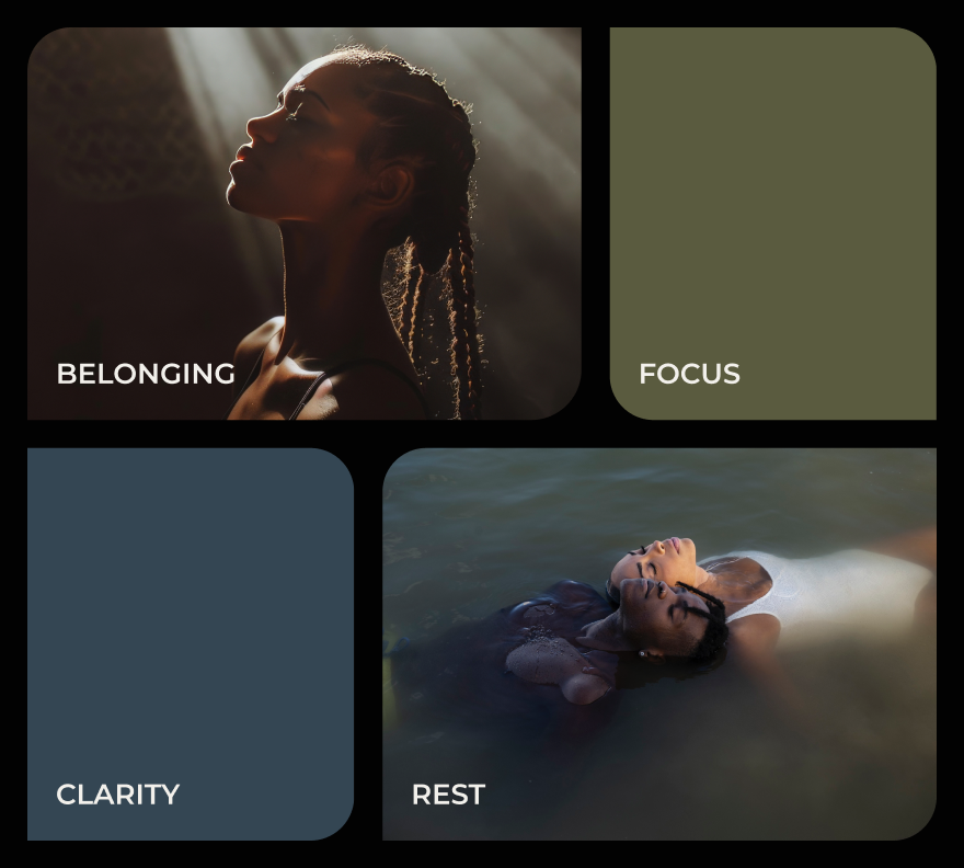 Rituality principles represented as belonging, focus, clarity and rest.