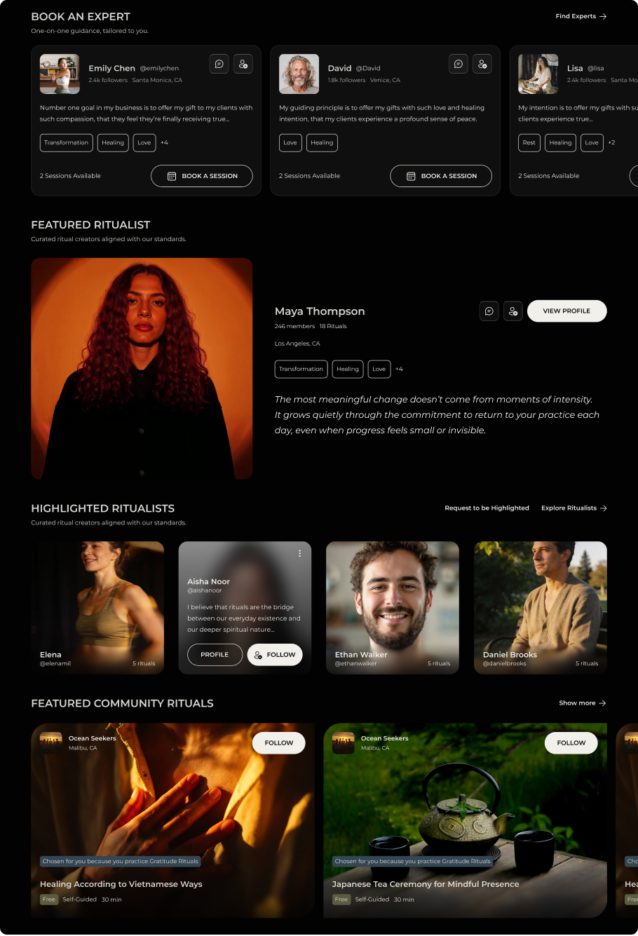 Rituality web platform screen for booking wellness experts.