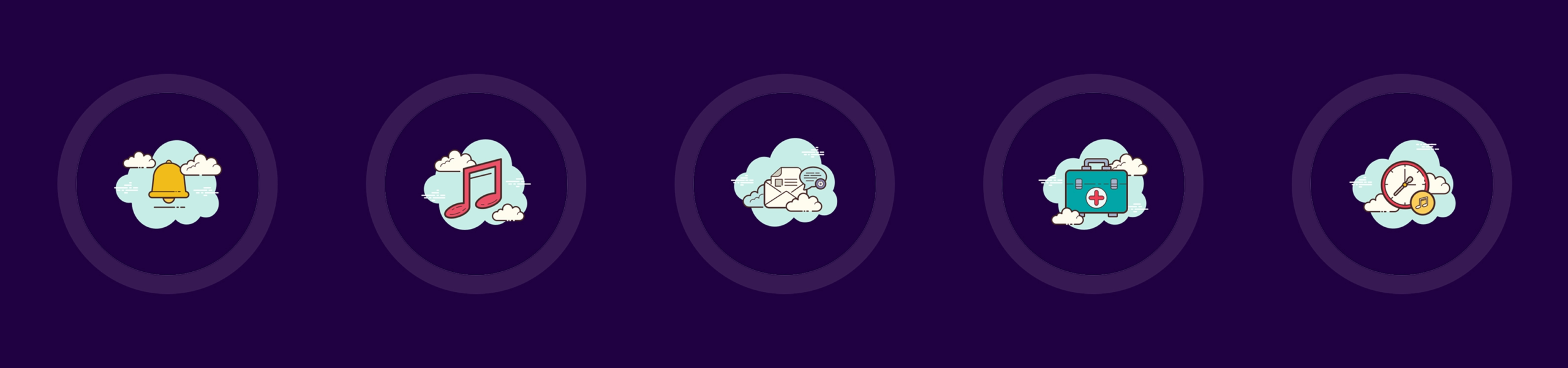 A row of Sleep Sonic feature illustrations for audio, schedules, coaching, and health support.
