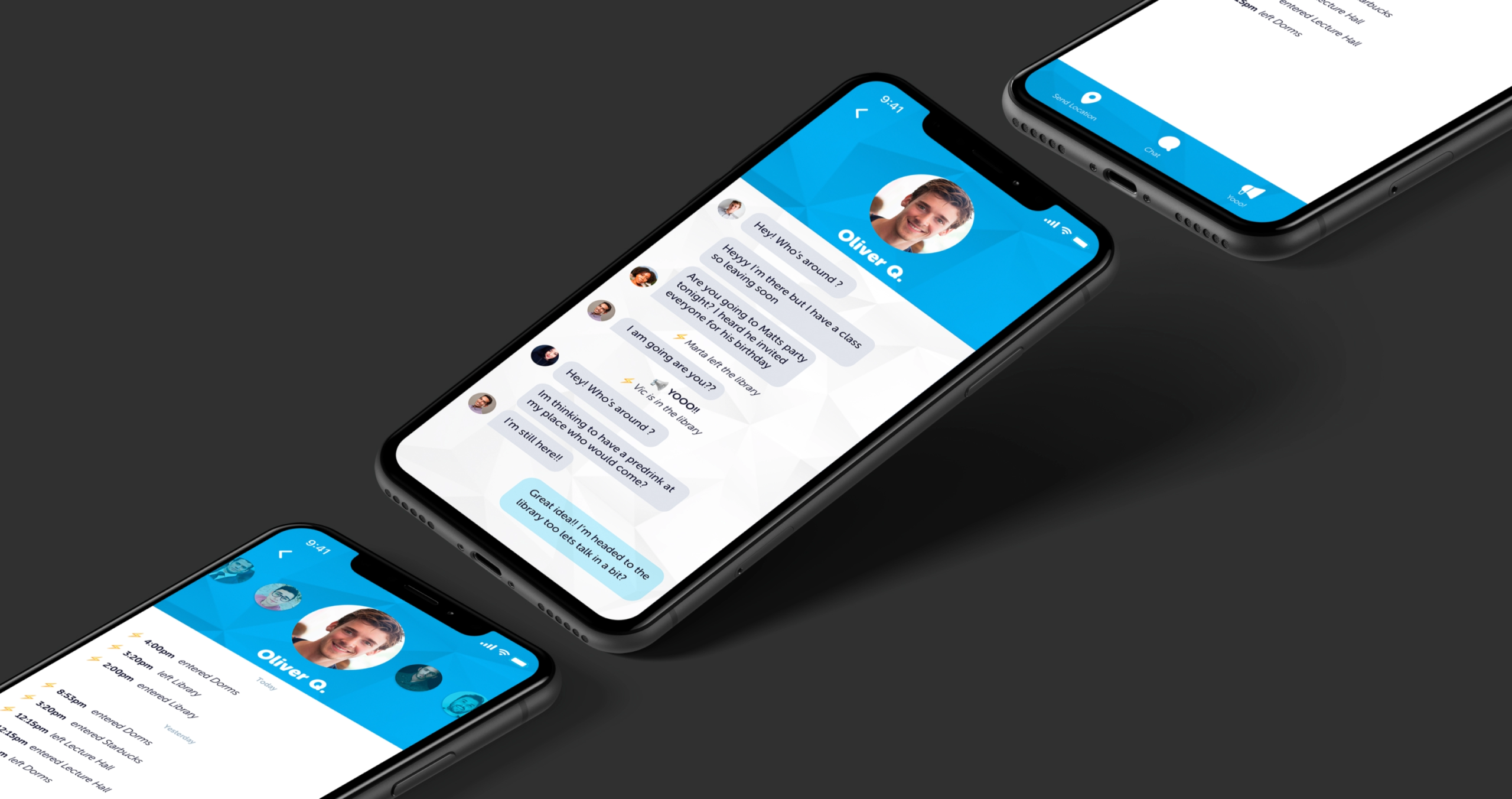 Three Tape mobile app screens showing nearby activity and a conversation.