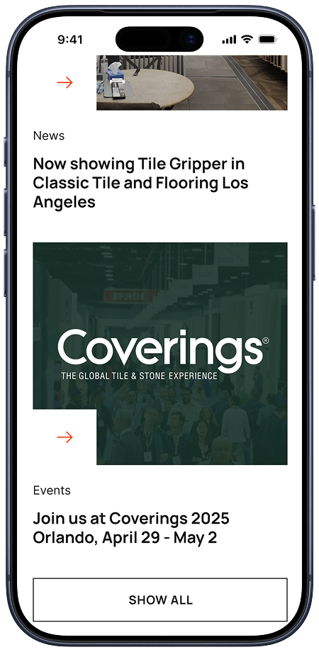 Tile Gripper mobile news and events page.